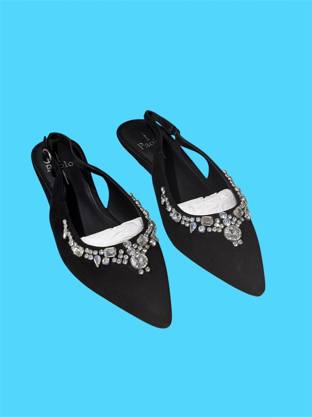Linea Paolo Crystal Embellished Black Slingback Flats Kitten Heel Pointed Toe
